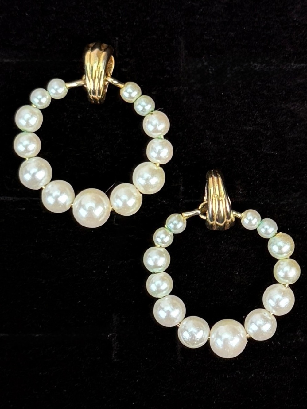 Vintage aged goldtone, faux pearl circle pierced earrings